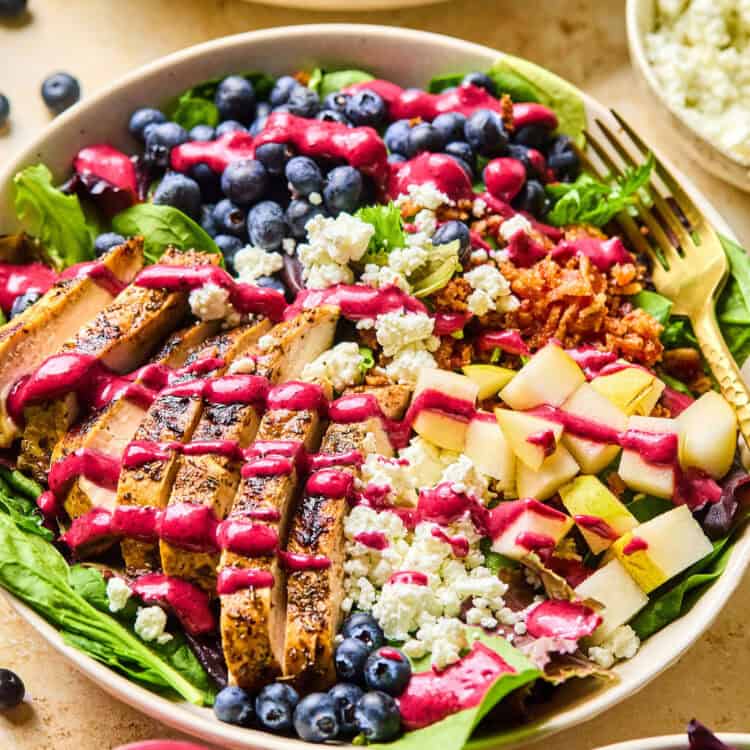 Blueberry Grilled Chicken Salad in a bowl.