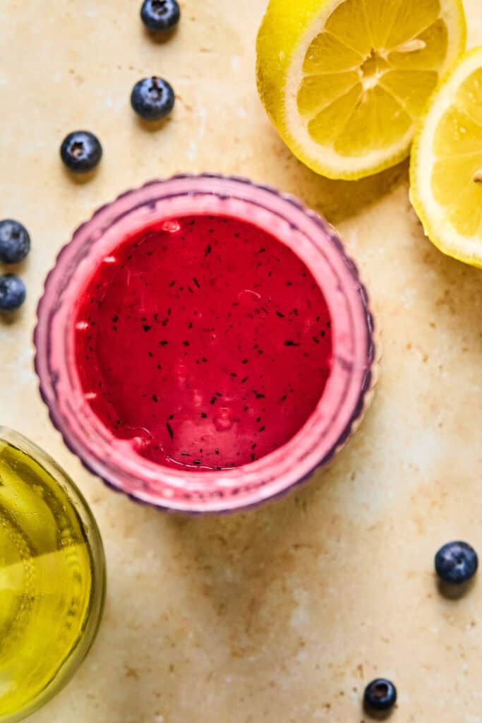 Blueberry Balsamic Viniagrette in a jar.