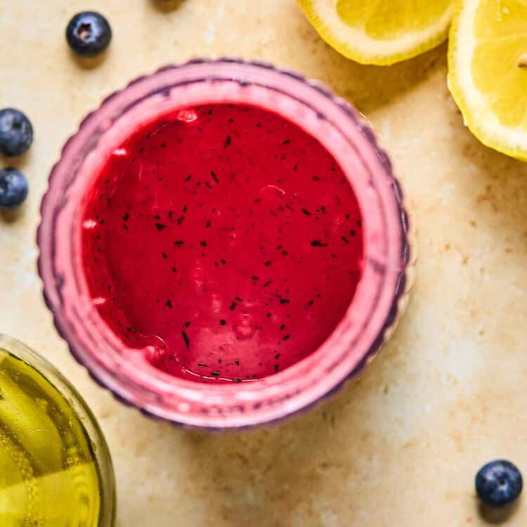 Blueberry Balsamic Viniagrette in a jar.