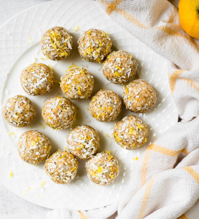 Lemon Bliss Protein Balls on a platter.