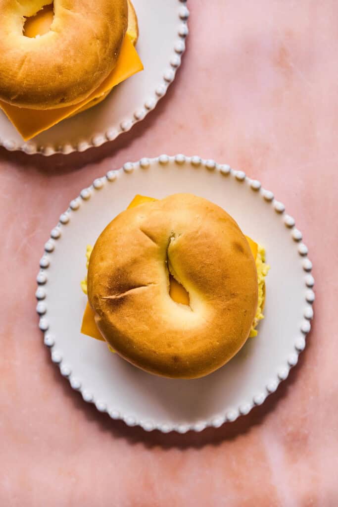 Bagel Breakfast sandwich on a small plate.
