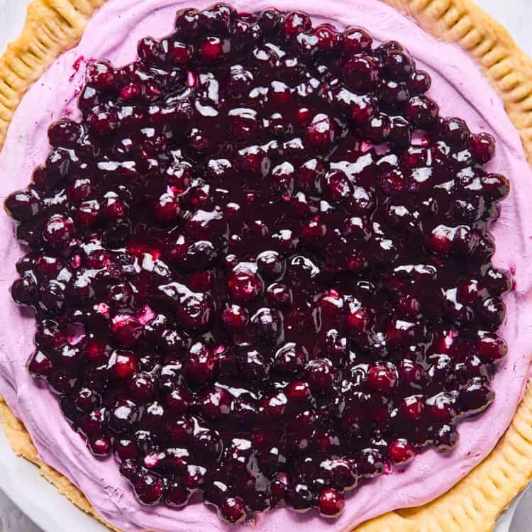 Wild Blueberry Greek Yogurt Pie in a pie pan.