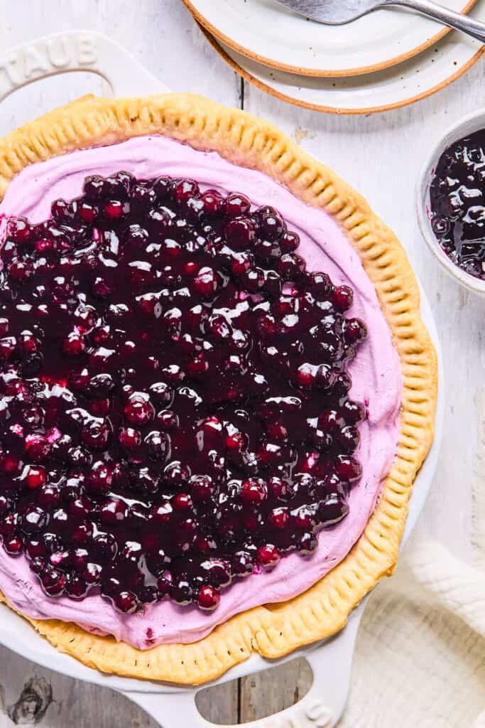 Wild Blueberry Greek Yogurt Pie in a pie pan.