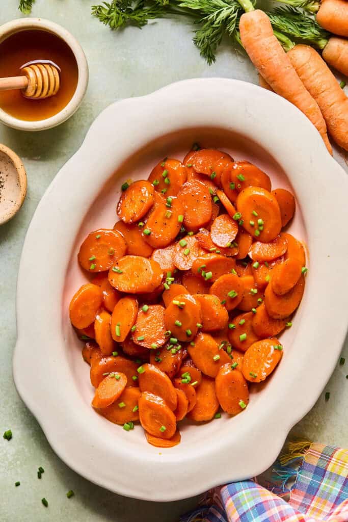 Honey Glazed Carrots in an oval serving dish.