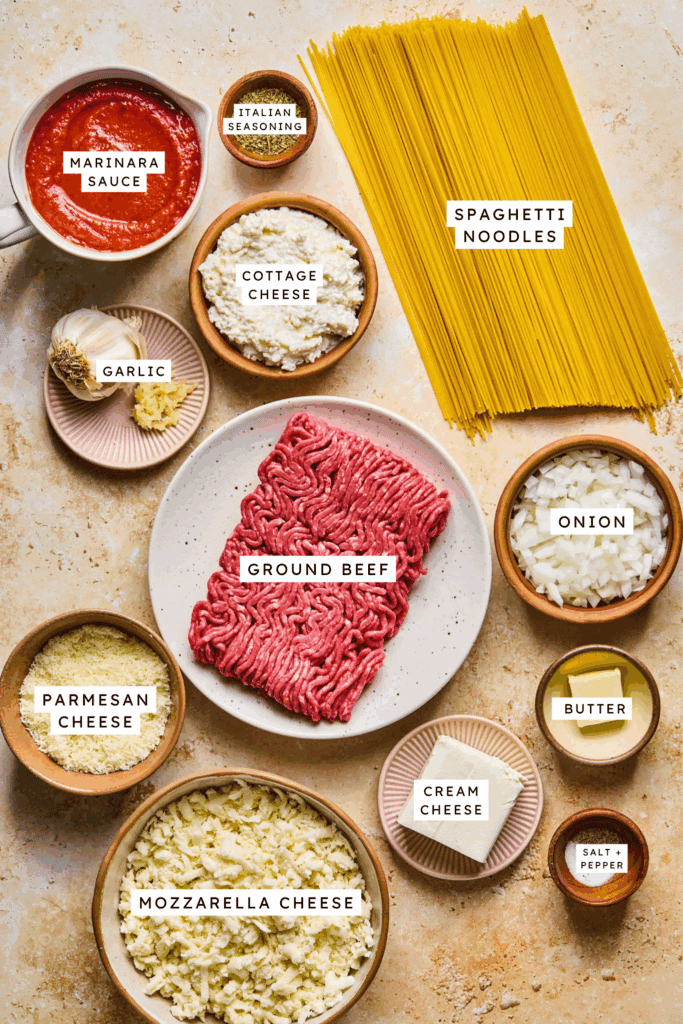 Ingredients fot Million Dollar Spaghetti Casserole.