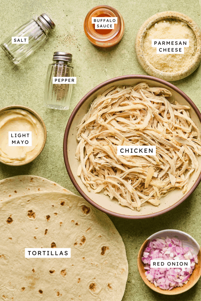 Ingredients for Buffalo Chicken Pinwheels.