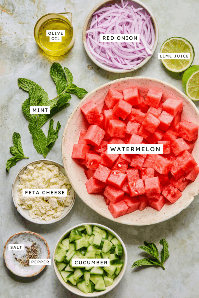 Ingredients for Watermelon Mint Salad.
