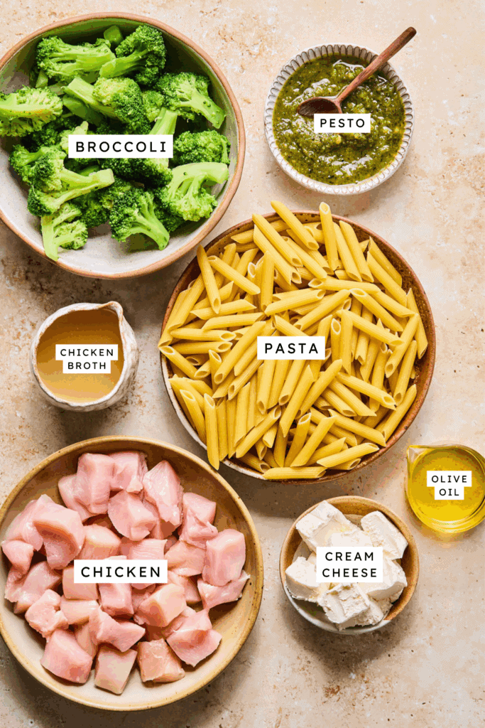 Ingredients for Chicken Broccoli Pesto Pasta.