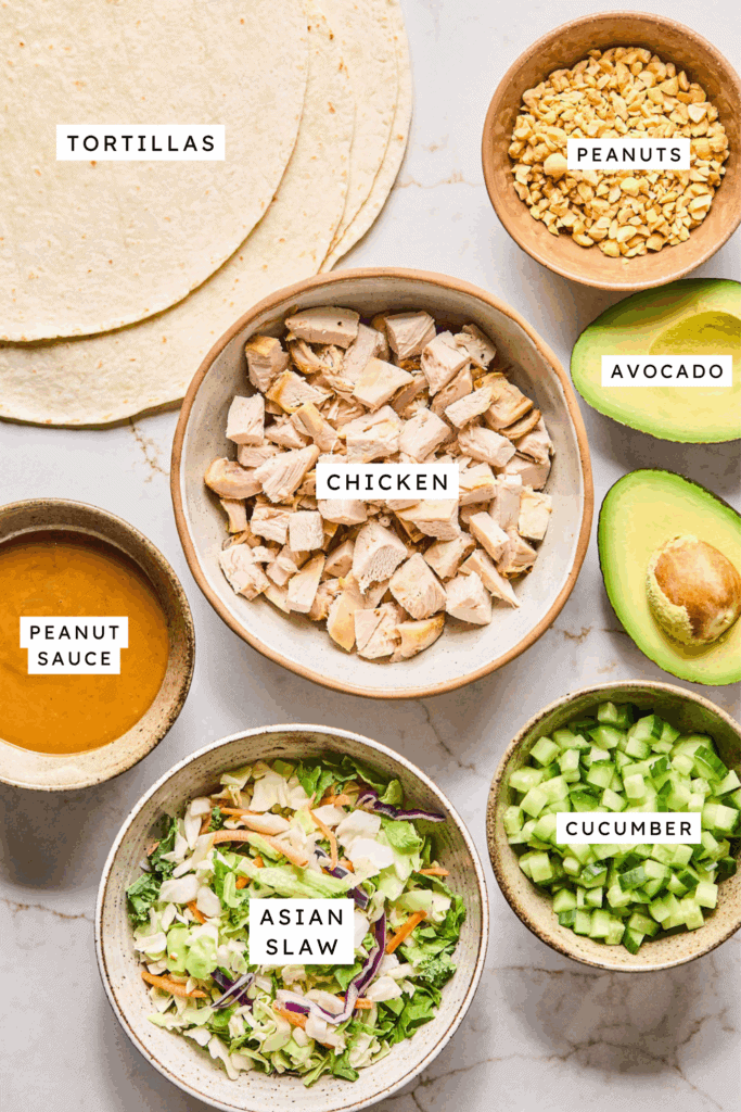 Ingredients for Peanut chicken crunch wraps.