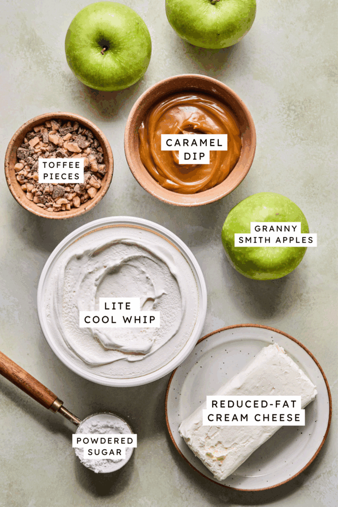 Ingredients for Cream Cheese Caramel Apple Toffee Dip.