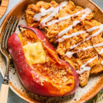 Crockpot Buffalo Chicken and Sweet Potatoes on a plate.