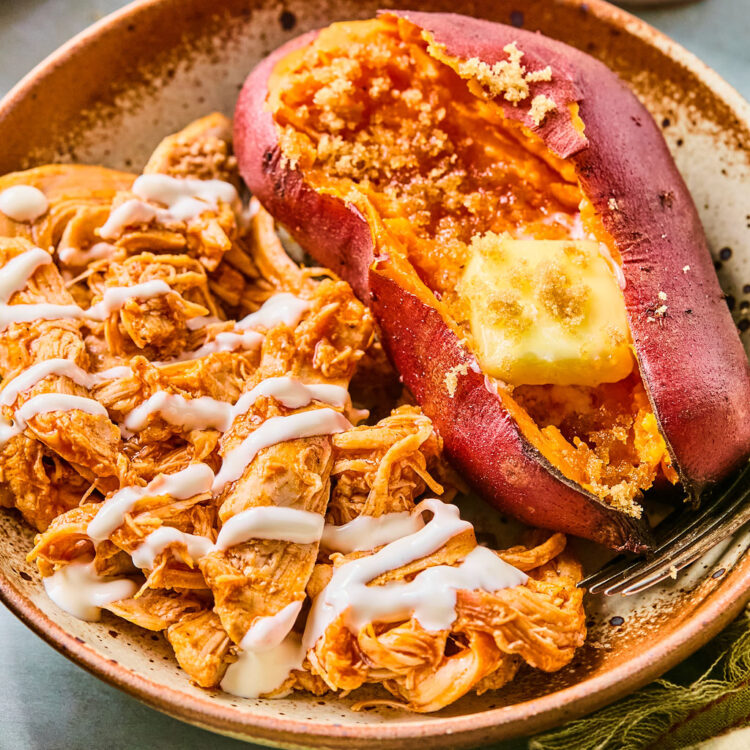 Crockpot Buffalo Chicken and Sweet Potatoes on a plate.