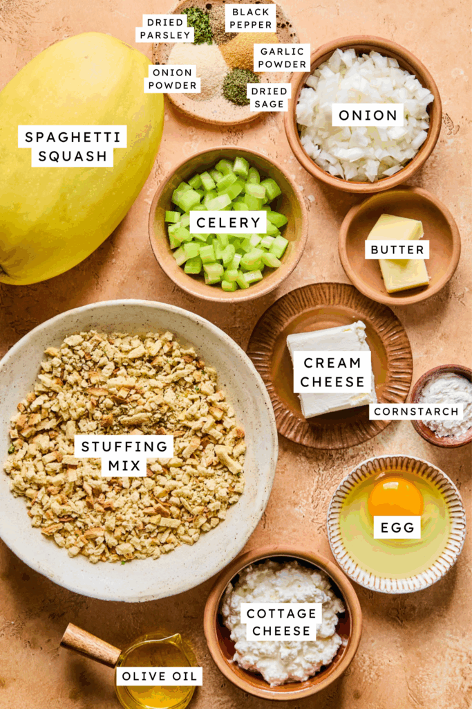 Ingredients for Spaghetti Squash Stuffing Bake.