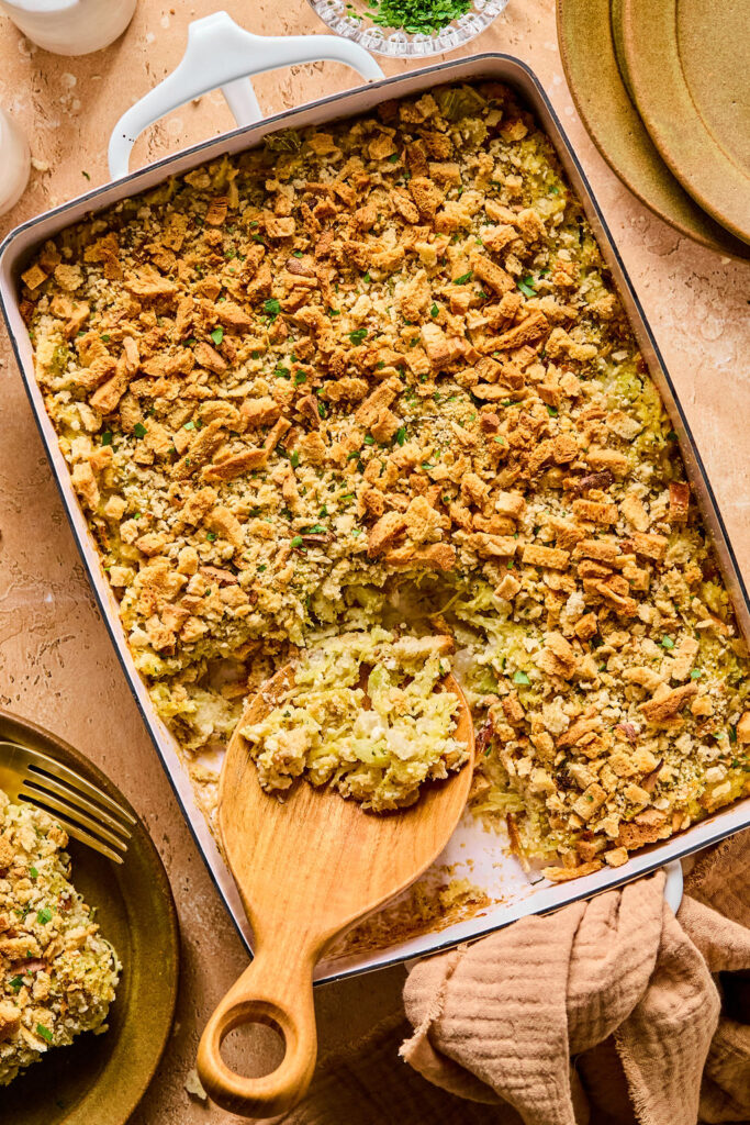 Spaghetti Squash Stuffing Bake in a baking dish.