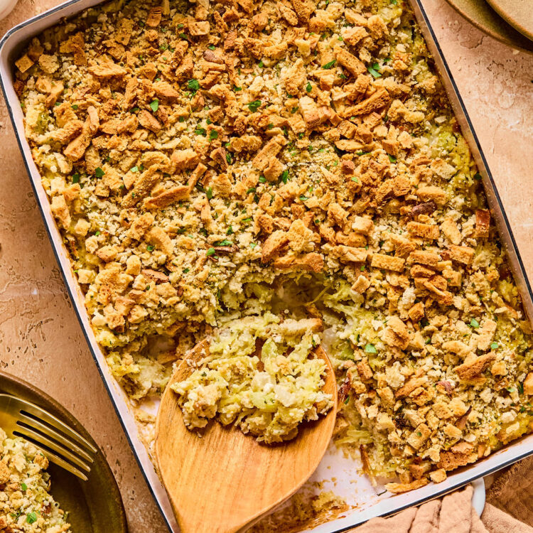 Spaghetti Squash Stuffing Bake in a baking dish.