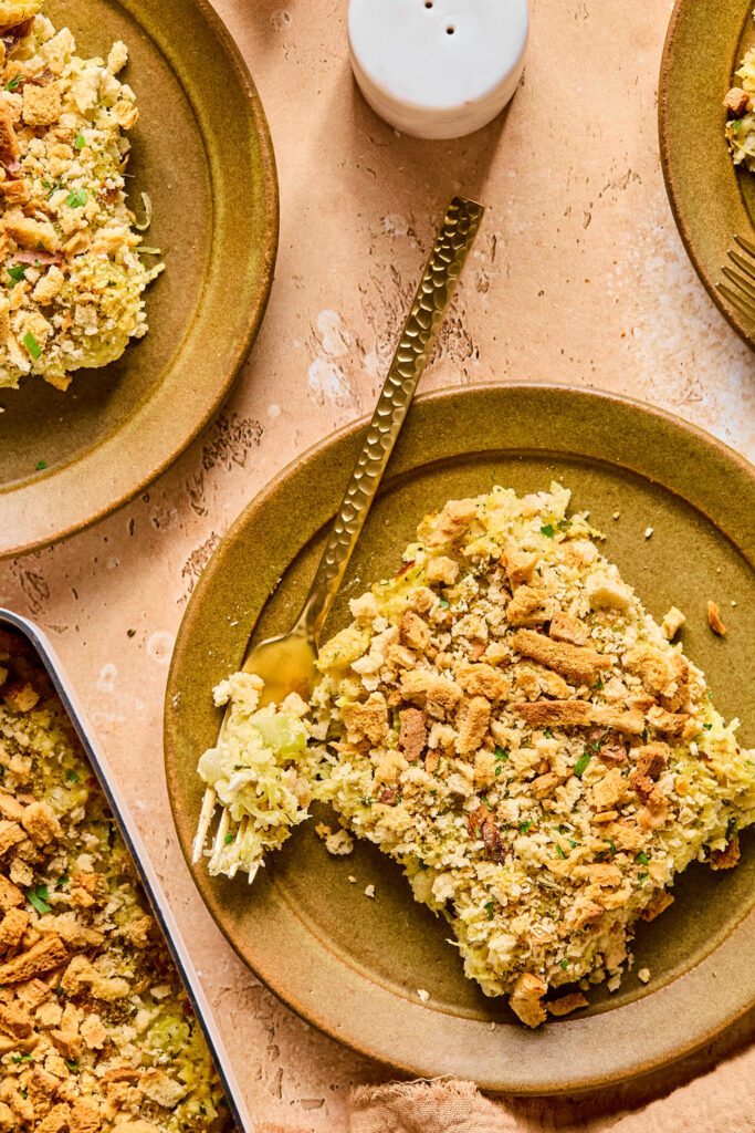 Spaghetti Squash Stuffing Bake on small plates.