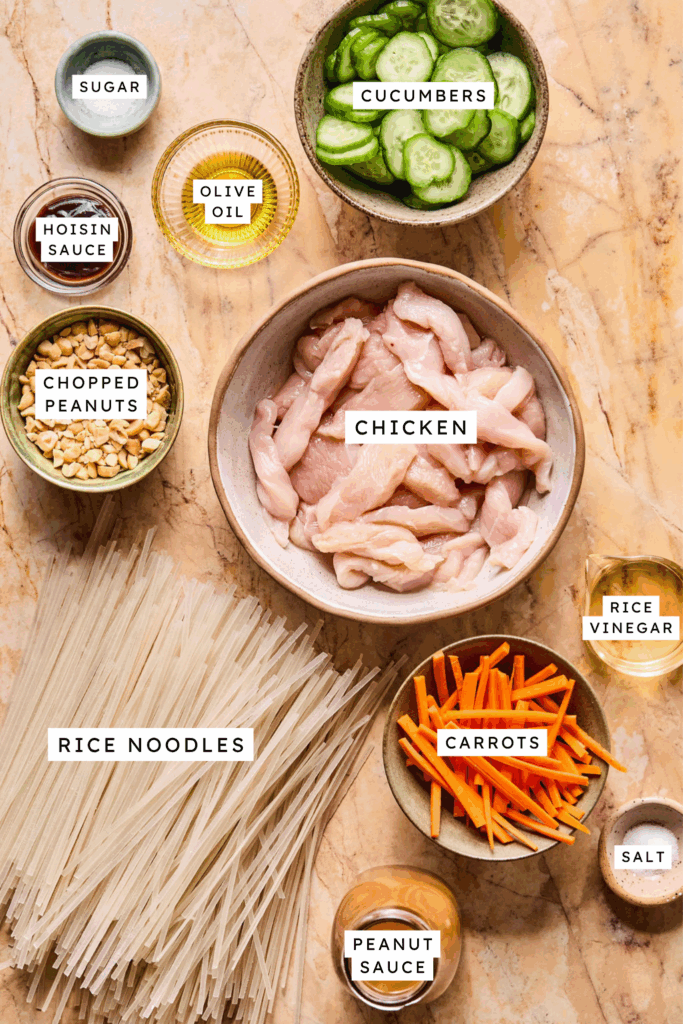 Ingredients for Thai Peanut Chicken Noodle Bowls.