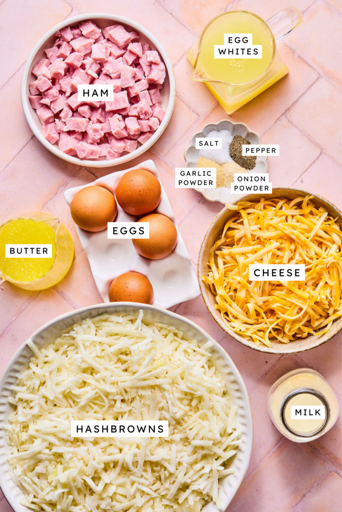 Ingredients for Ham and Cheese Hashbrown Casserole.