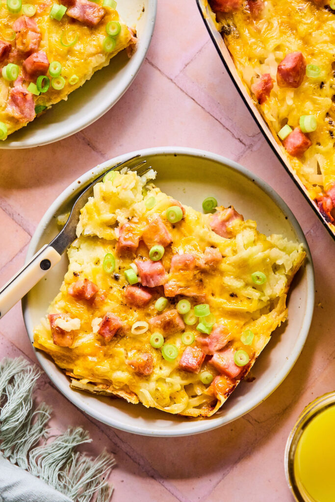 Ham and Cheese Hashbrown Casserole on small plates.