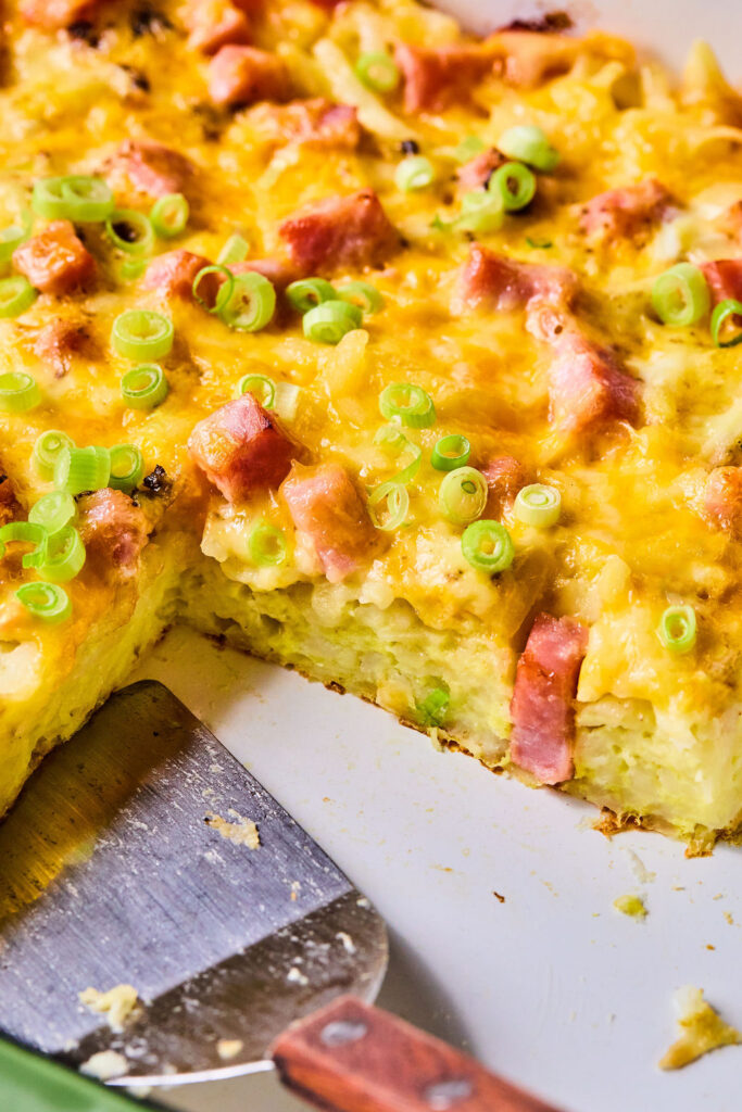 Zoomed in view of Ham and Cheese Hashbrown Casserole.