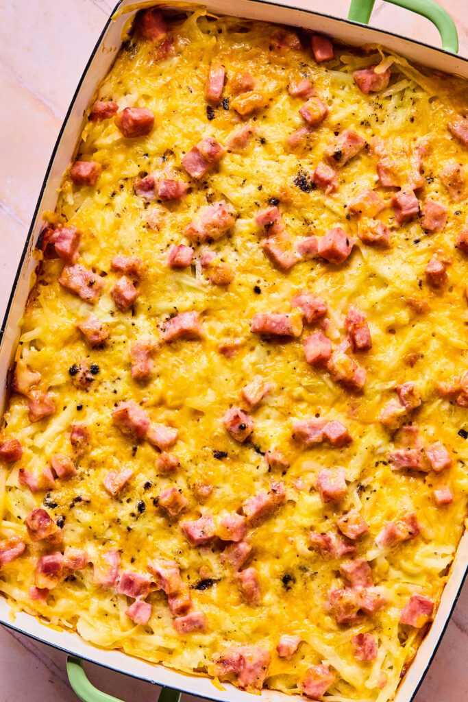 Ham and Cheese Hashbrown Casserole in a baking dish.
