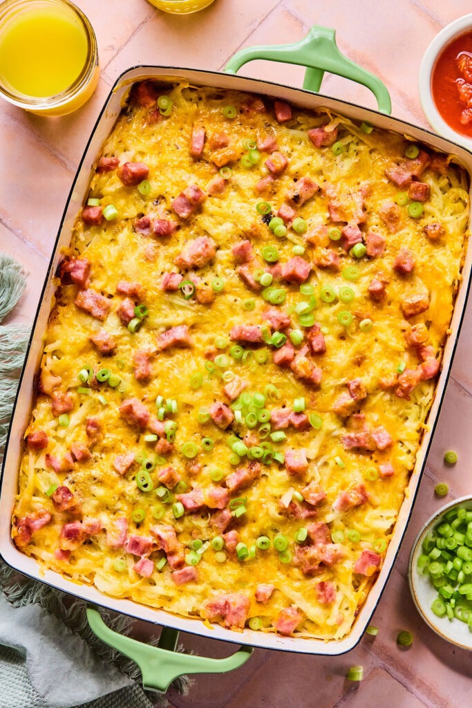Ham and Cheese Hashbrown Casserole in a baking dish.