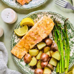 Sheet Pan Maple Dijon Salmon Dinner on a plate.