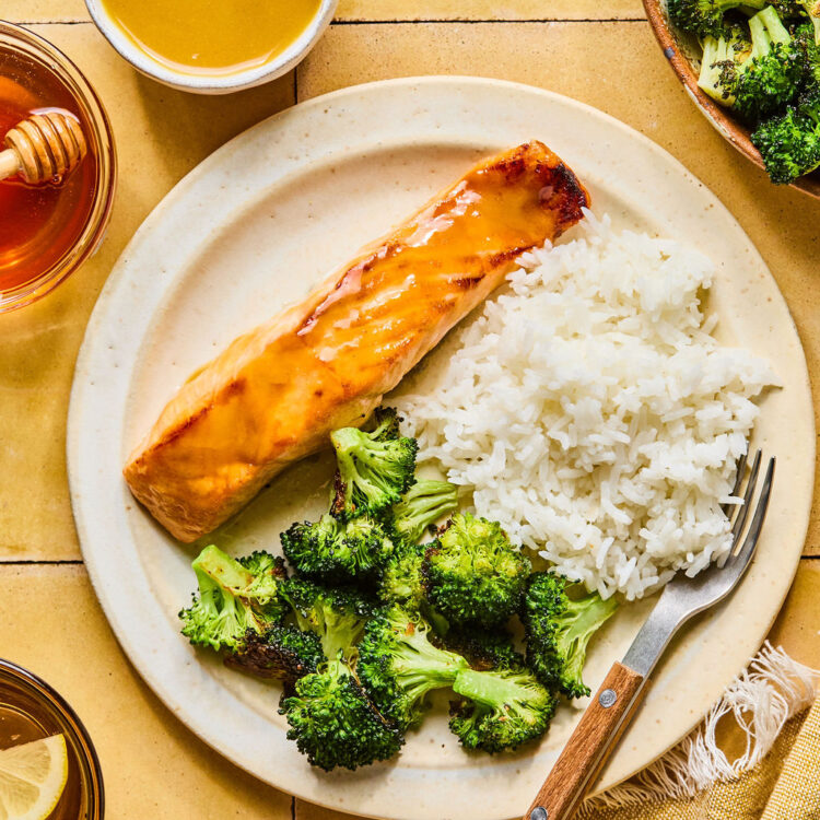 Honey Mustard Salmon and Broccoli with rice on a plate.