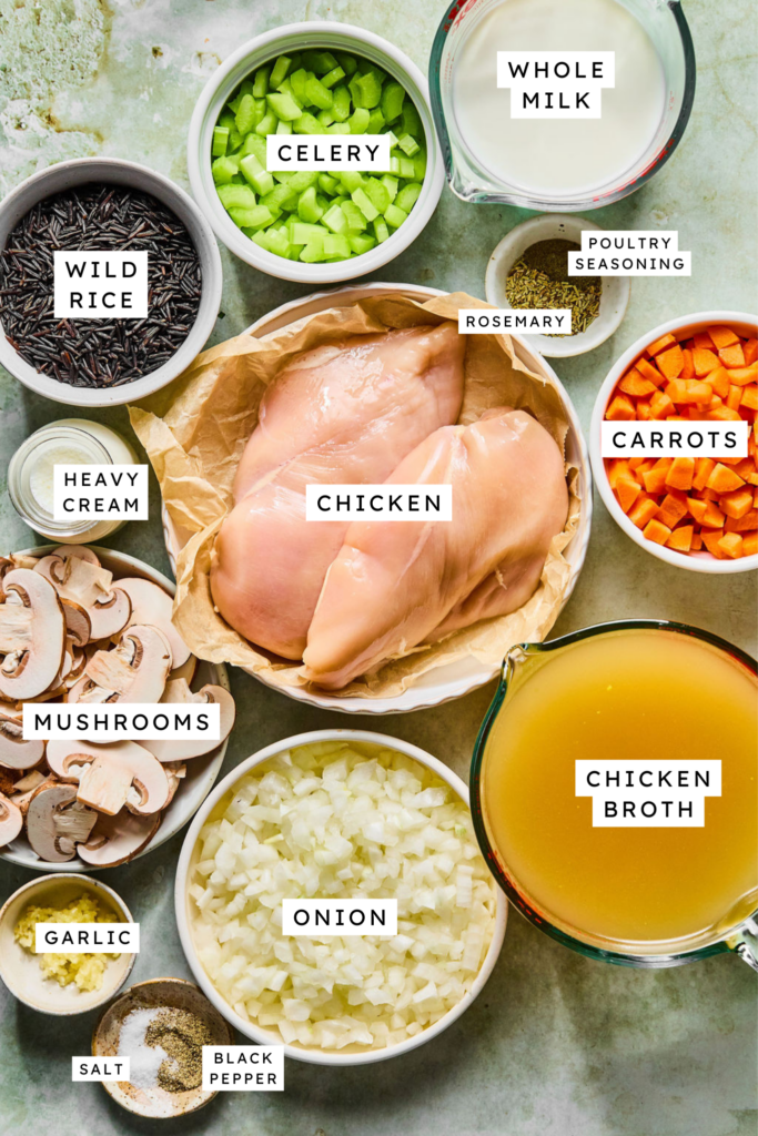 Ingredients for Crockpot Chicken and Wild Rice Soup.