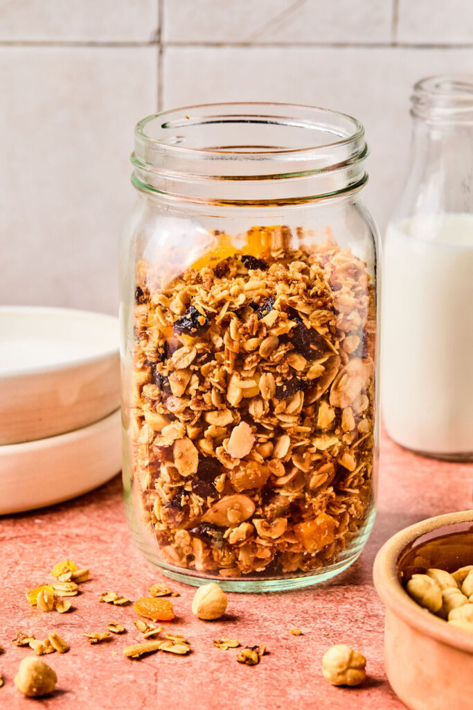 Hazelnut Maple Granola in a jar.