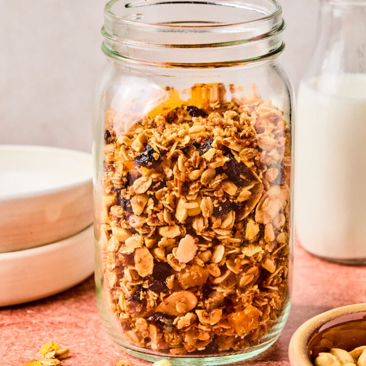 Hazelnut Maple Granola in a jar.