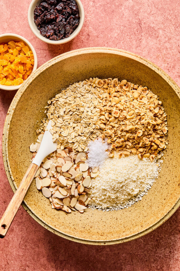 Dry ingredients for Hazelnut Maple Granola in a bowl.
