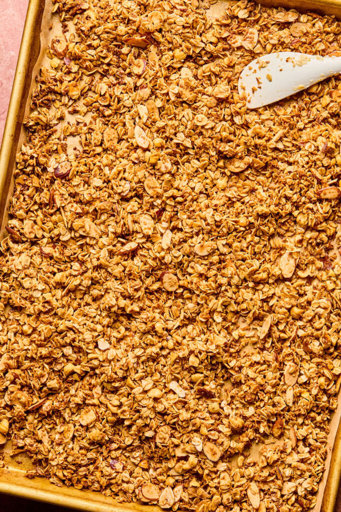 Hazelnut Maple Granola on a sheet plan.