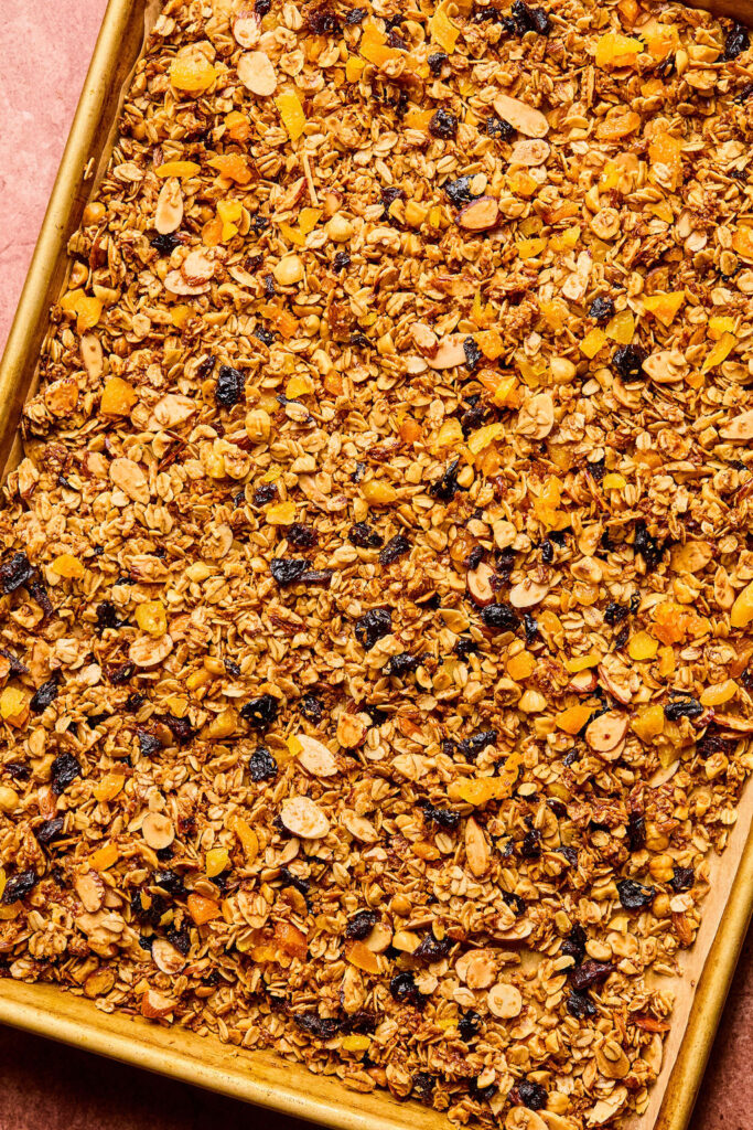 Hazelnut Maple Granola on a sheet pan.