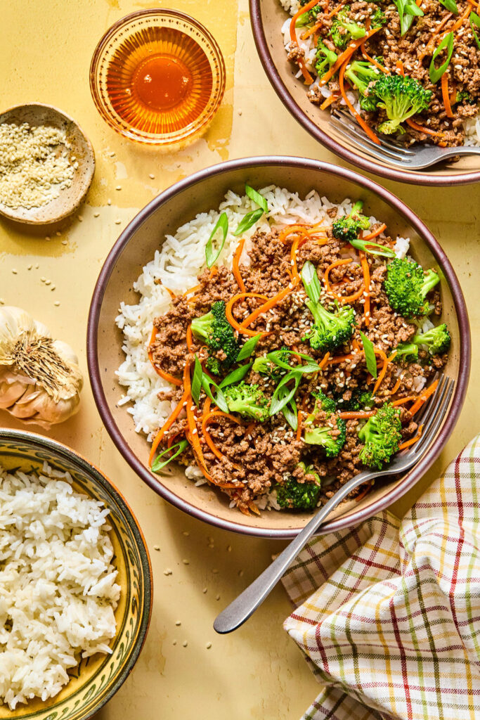Honey Garlic Ground Beef Bowl wth a fork.