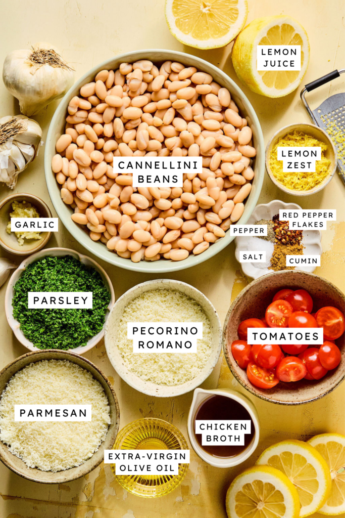 Ingredients for Lemon Garlic Parmesan White Beans.