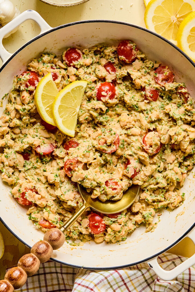 Lemon Garlic Parmesan White Beans in a skillet.