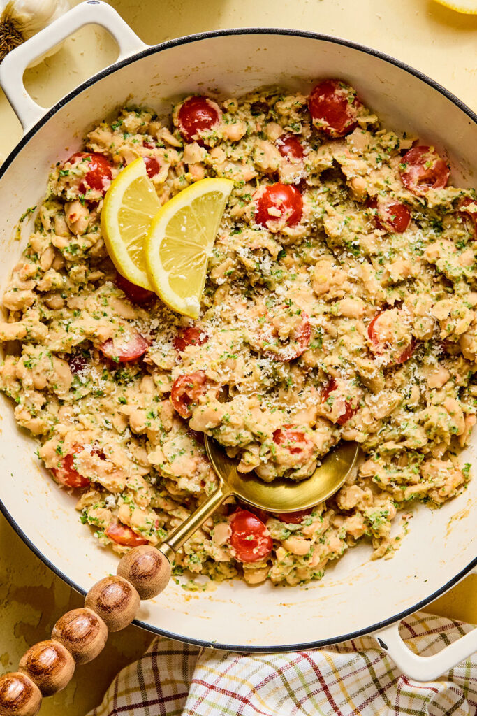 Lemon Garlic Parmesan White Beans in a skillet.