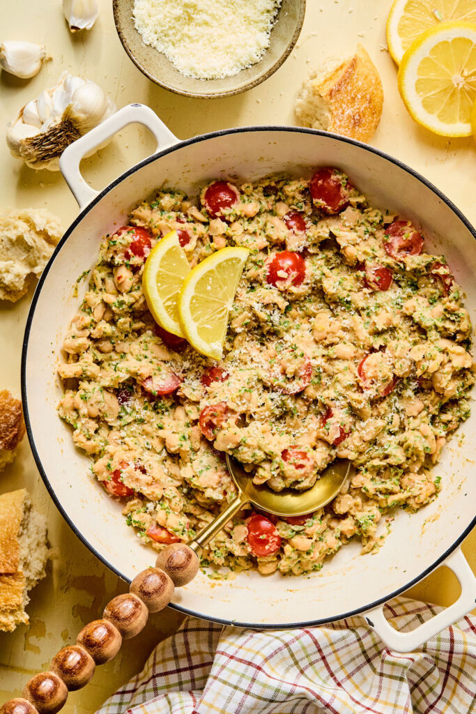 Lemon Garlic Parmesan White Beans in a skillet.