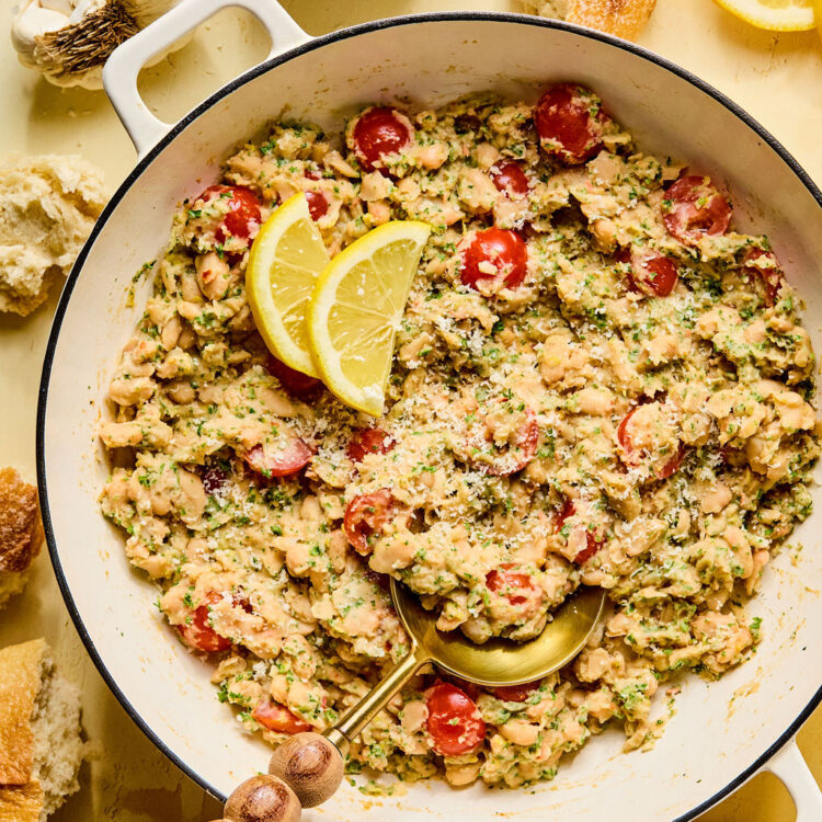 Lemon Garlic Parmesan White Beans in a skillet.