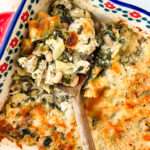 Spinach & Artichoke Chicken White Bean Bake in a baking dish.