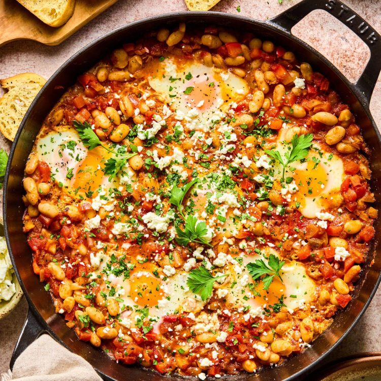 White Bean Shakshuka in a skillet.