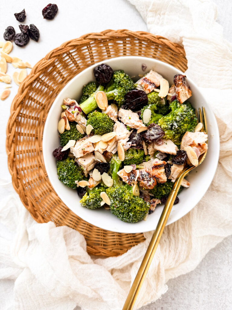 Cherry Almond Chicken Broccoli Salad in a bowl.