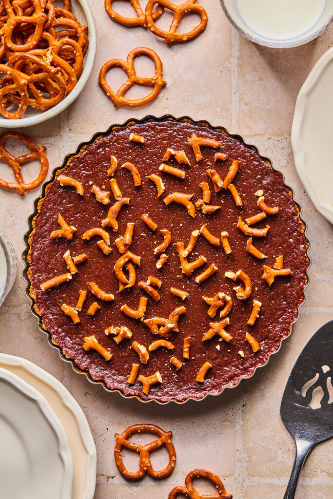 Milk Chocolate Pretzel Tart in a round dish.