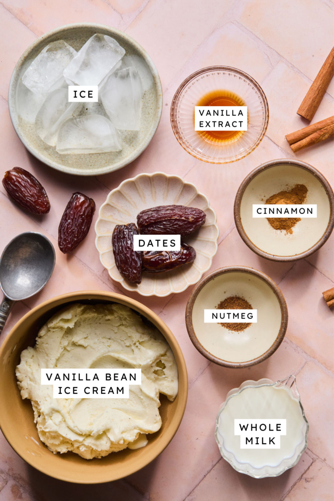 Ingredients for Cinnamon Vanilla Date Milkshake.