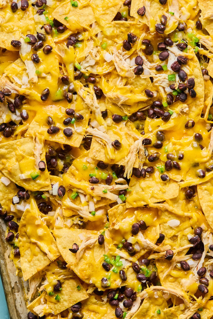 Zoomed in view of Chicken sheet pan nachos.