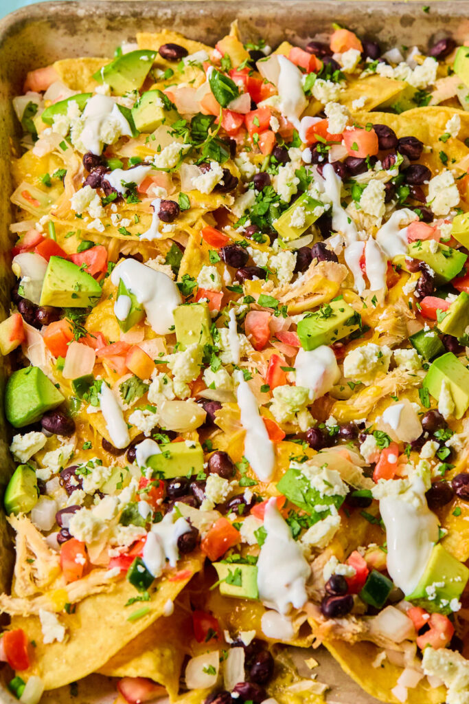 Zoomed in view of Chicken sheet pan nachos.
