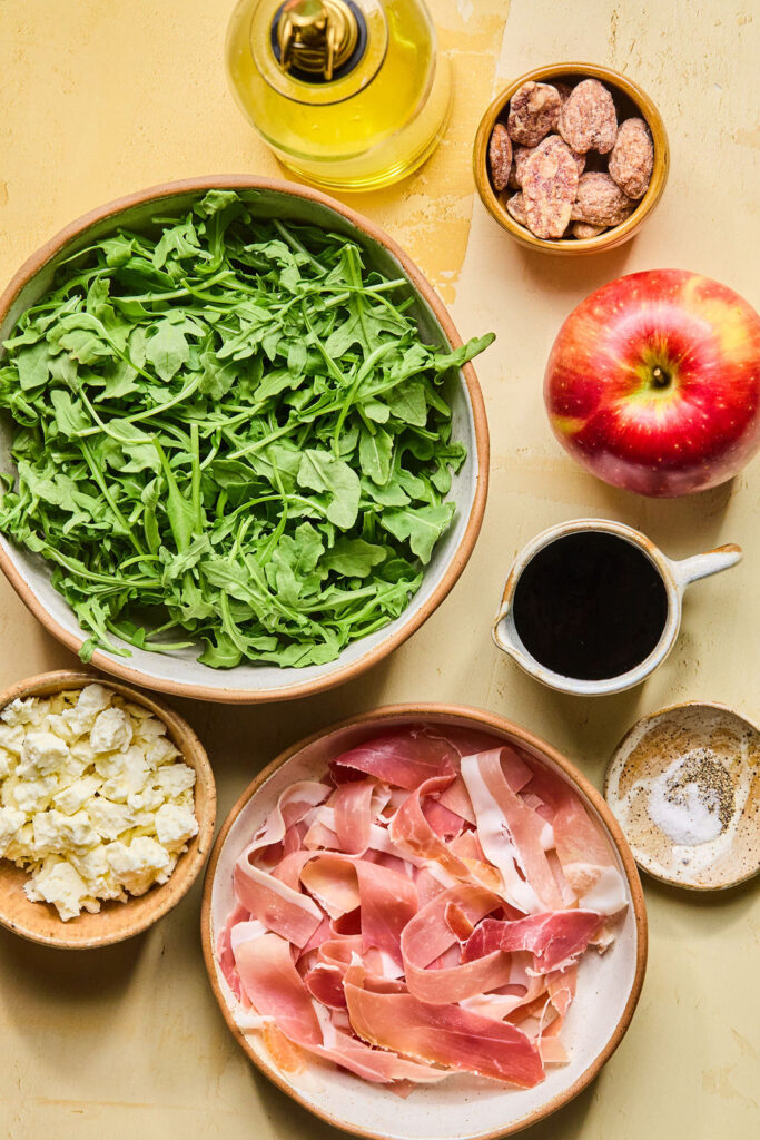 Ingredients for Proscuitto Apple Arugula Salad.