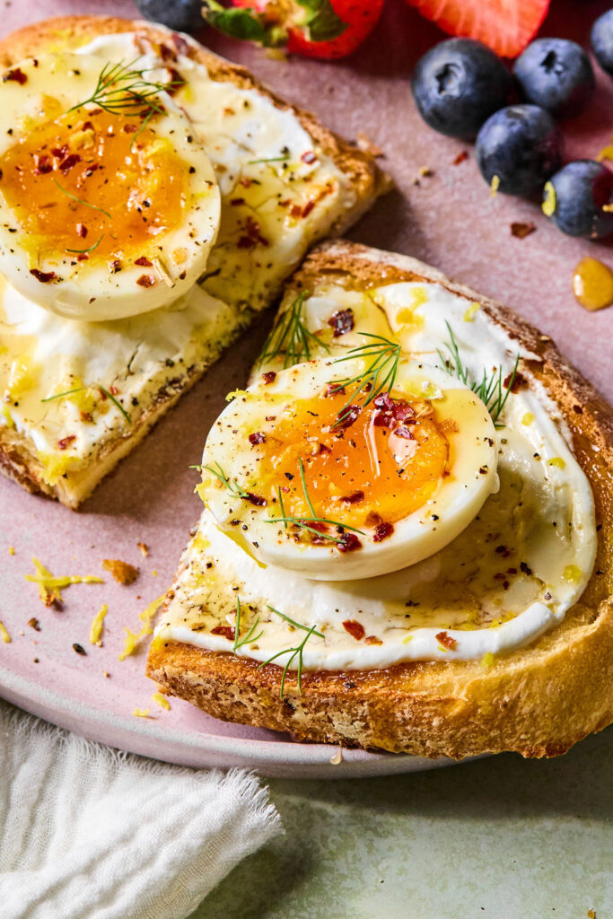 Zoomed in view of Hot Honey Cottage Cheese Toast with Eggs.