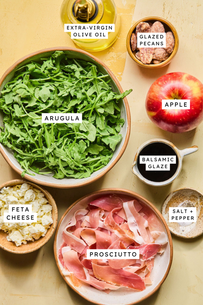 Ingredients for Proscuitto Apple Arugula Salad.